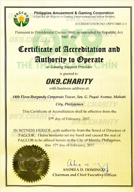 Giấy phép hoạt động Pagcor cấp cho OK9.CHARITY